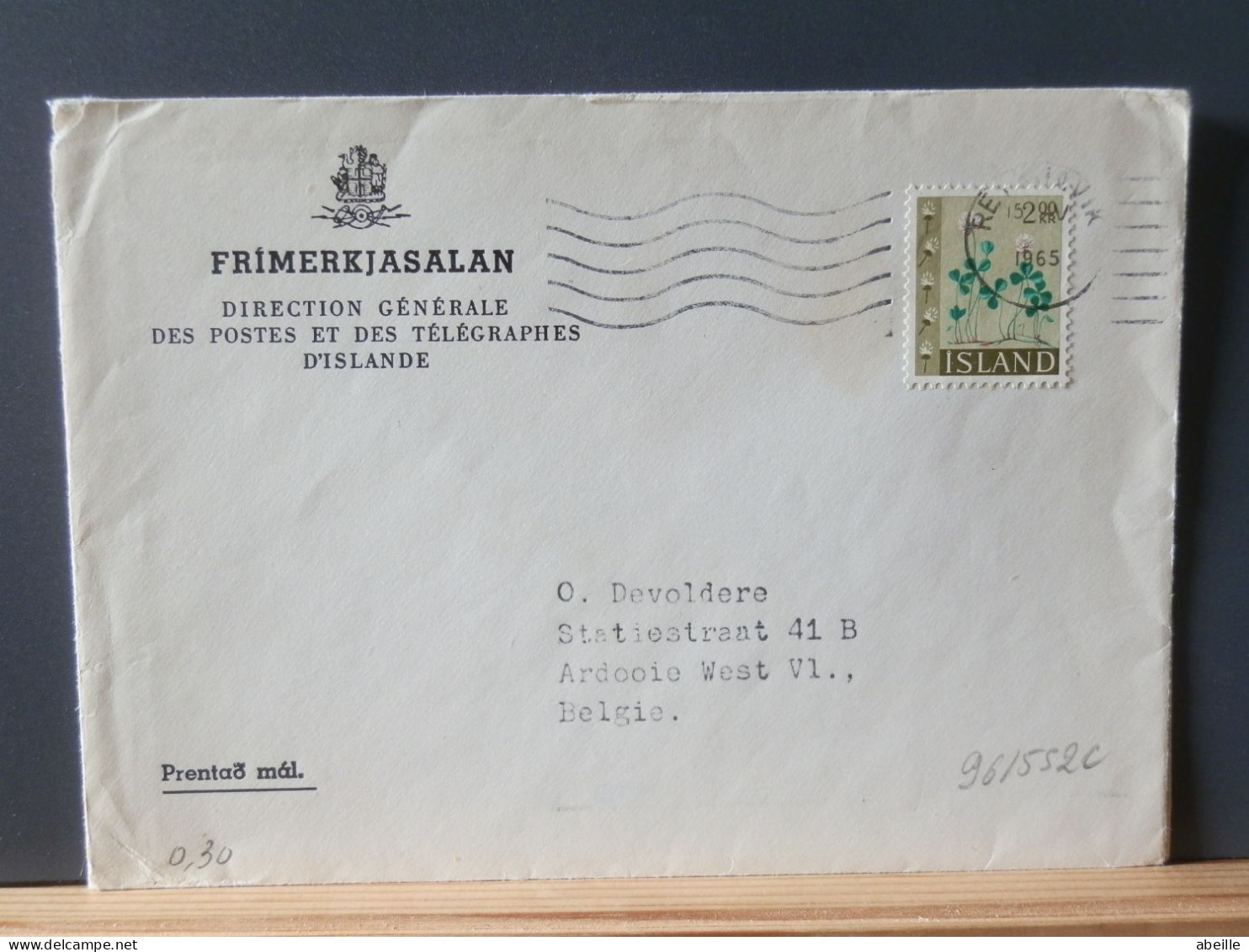 96/552C CP  ISLANDE   1965 POUR LA BELG. - Lettres & Documents