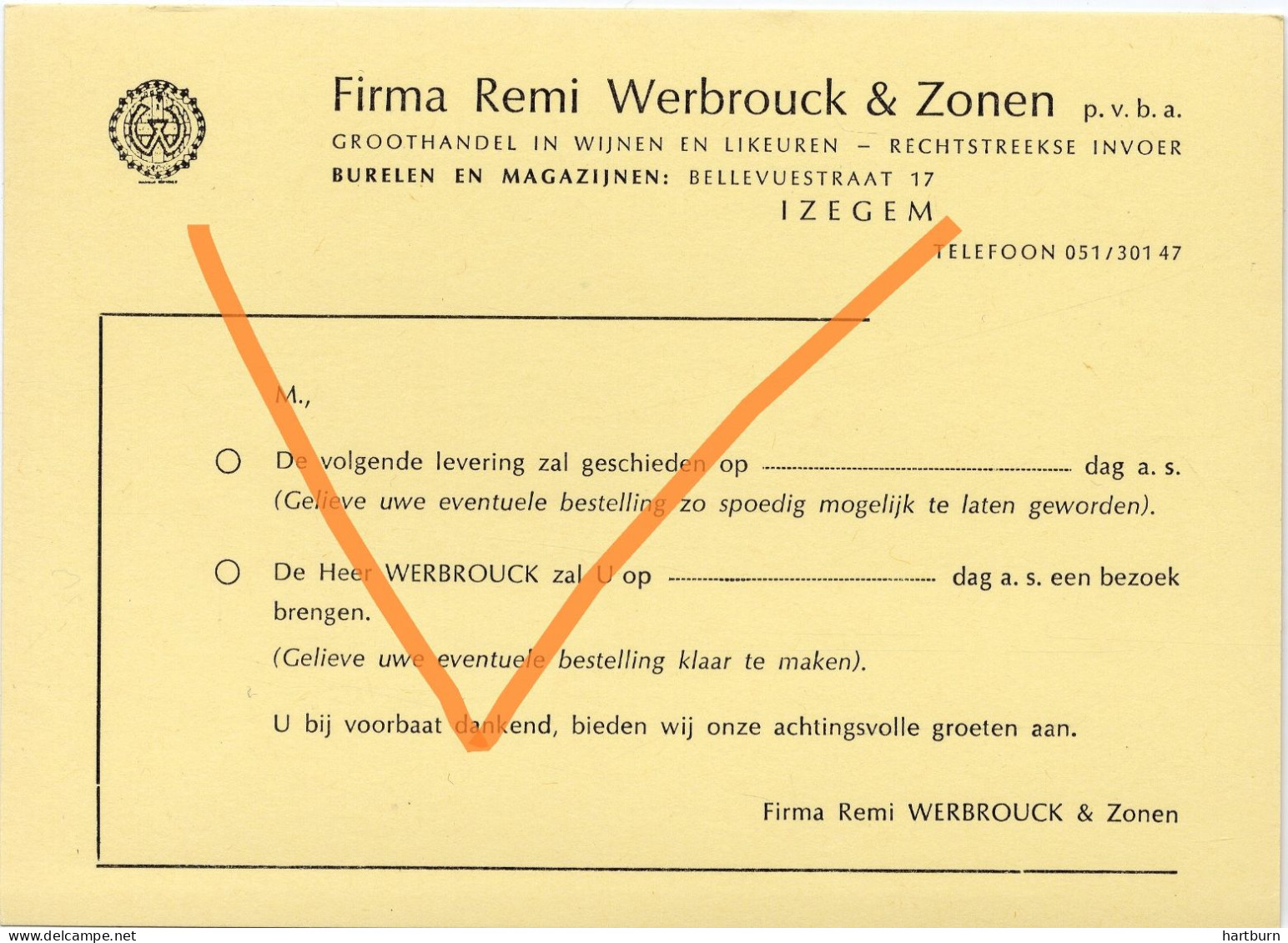 Firma Remi Werbrouck & Zonen. Wijnen En Likeuren. Bellevuestraat 17, Izegem - Petits Métiers