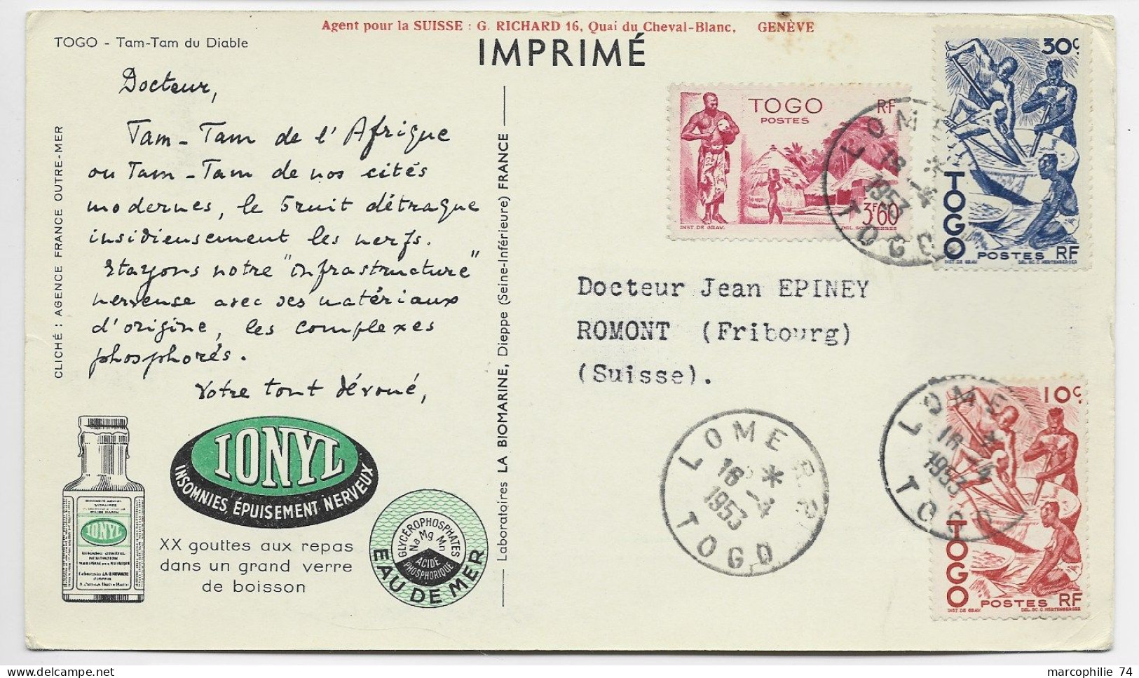 TOGO 3FR60+10C+50C CARTE PUB IONYL LOME RP 16.4.1953  POUR SUISSE PEU COMMUN POUR ETRANGER - Briefe U. Dokumente