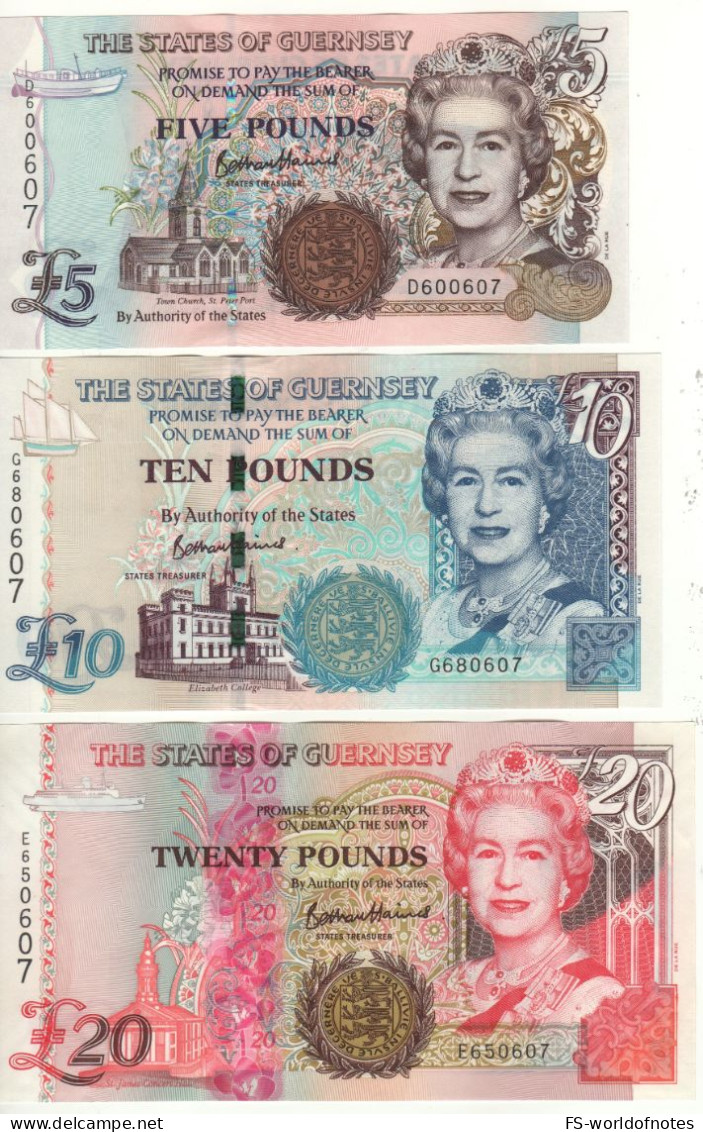 GUERNSEY New £ 5 - £10 - £20  Matching Set 2023 (all 3 Notes - Serial Nr. 000607   ) New Security Features    UNC - Guernsey