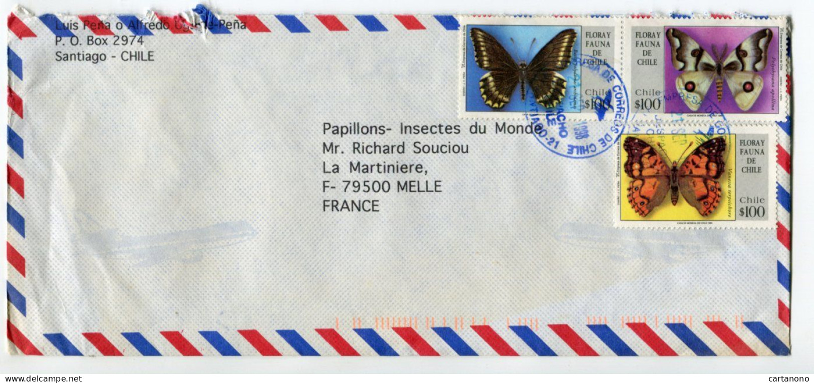 CHILI - PAPILLON -  Affranchissement Sur Lettre Par Avion - Papillons