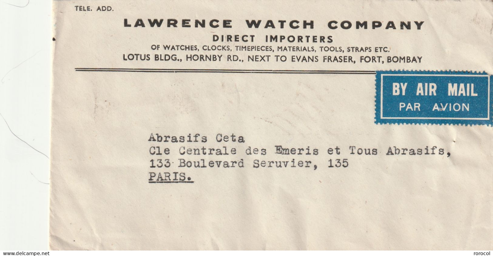 INDE ANGLAISE Lettre 1946 Pour La France LAWRENCE WATCH COMPANY - 1936-47 Roi Georges VI