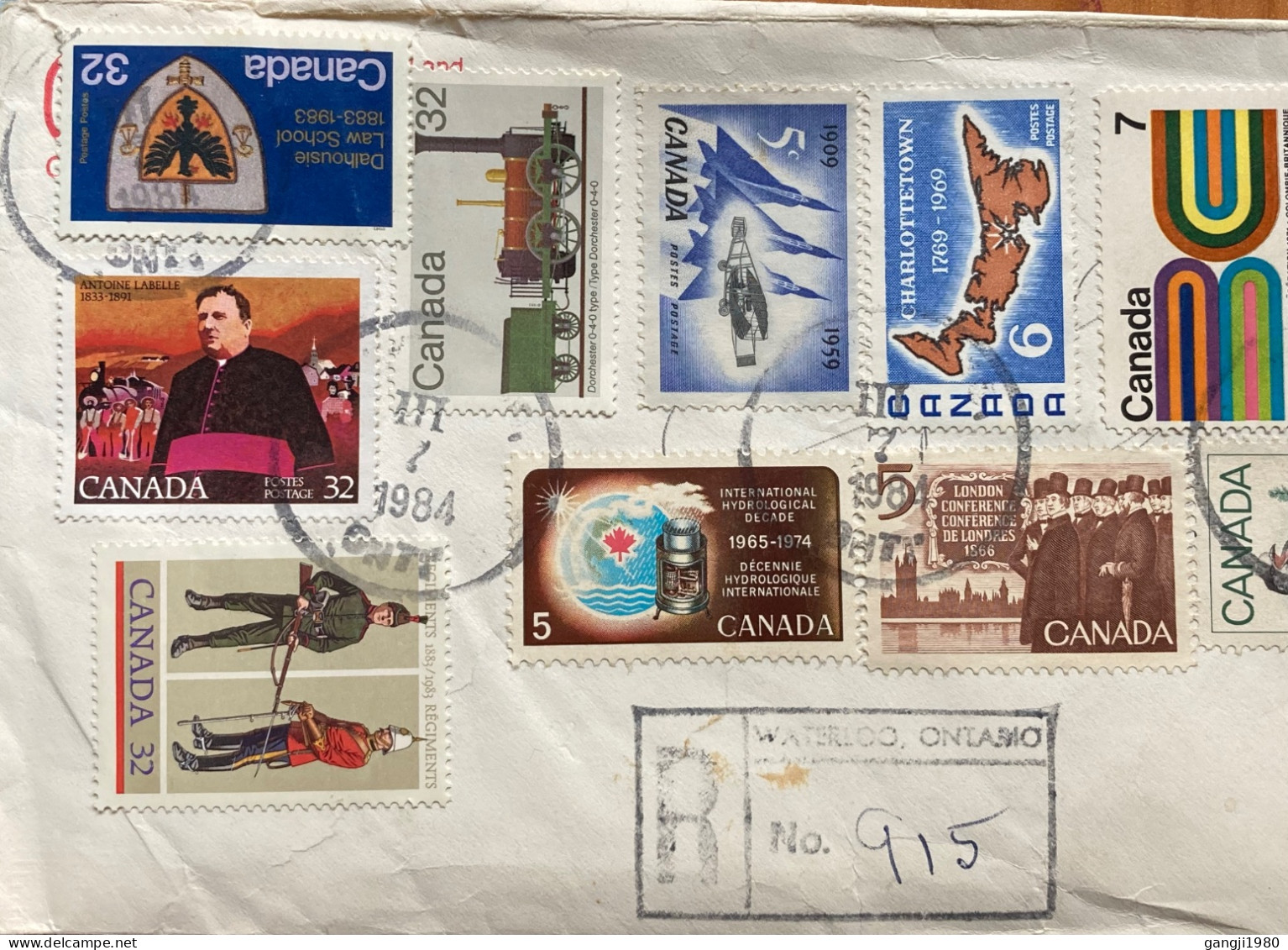 CANADA 1984, REGISTER COVER, USED TO USA,19 STAMP ARMY, MAP, ANIMAL,SCOUT, RAILWAY, HYDEROLOGICAL, BIRD, SHIP, PLANT, HO - Lettres & Documents