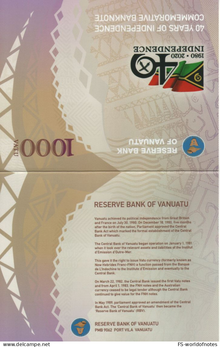 VANUATU  New Commemorative 1'000 Vatu PW21 Polimer  2020 + Low Serial 0000179 + Folder ( 40th Anniver. Of Independence ) - Vanuatu