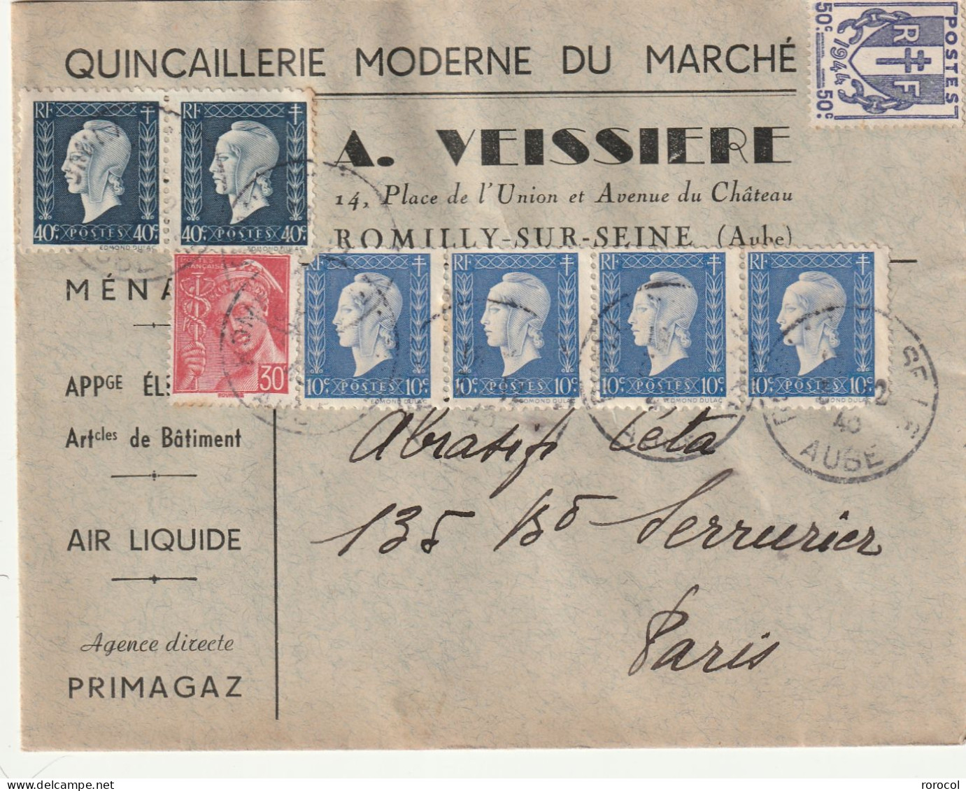 FRANCE Lettre ROMILLY 1946 Pour PARIS Timbres MARIANNE DE DULAC - 1944-45 Marianne De Dulac