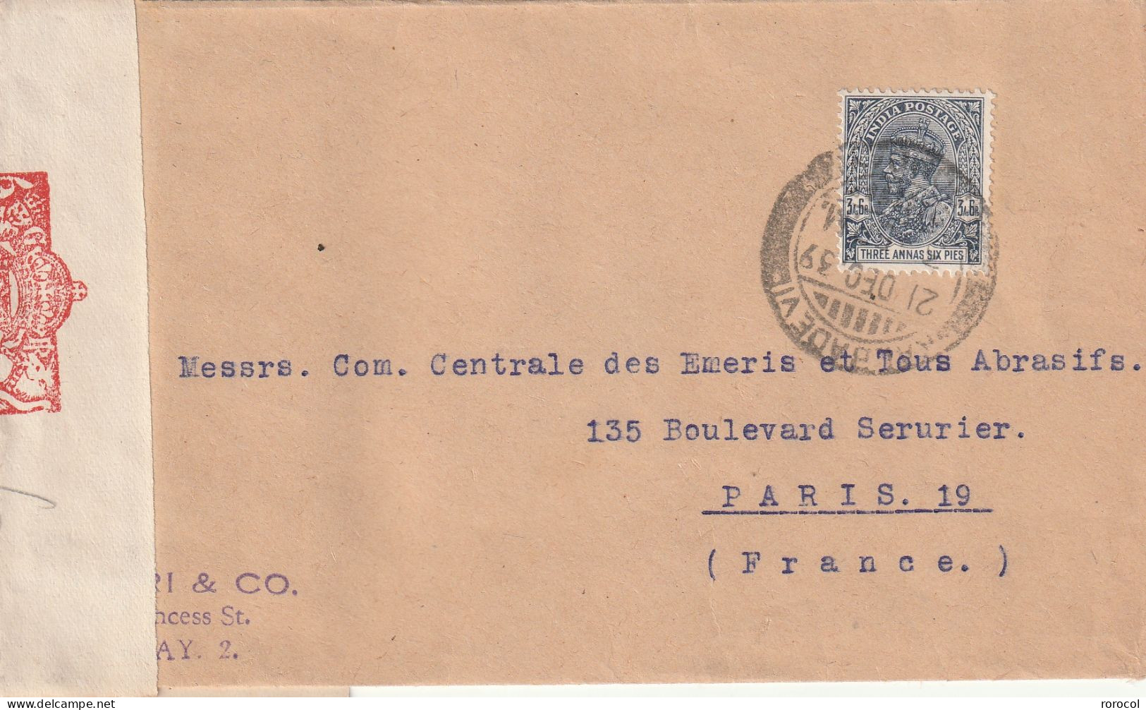 INDE ANGLAISE Lettre 1939 Pour La FRANCE    CENSURE - 1936-47  George VI