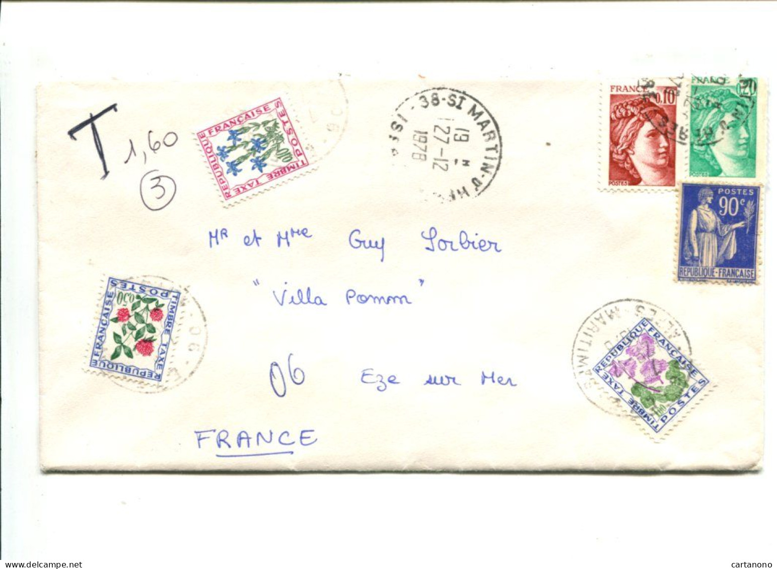 FRANCE TAXE Fleurs - Affranchissement Type Sabine + Type Paix Sur Lettre Taxée - 1960-.... Storia Postale