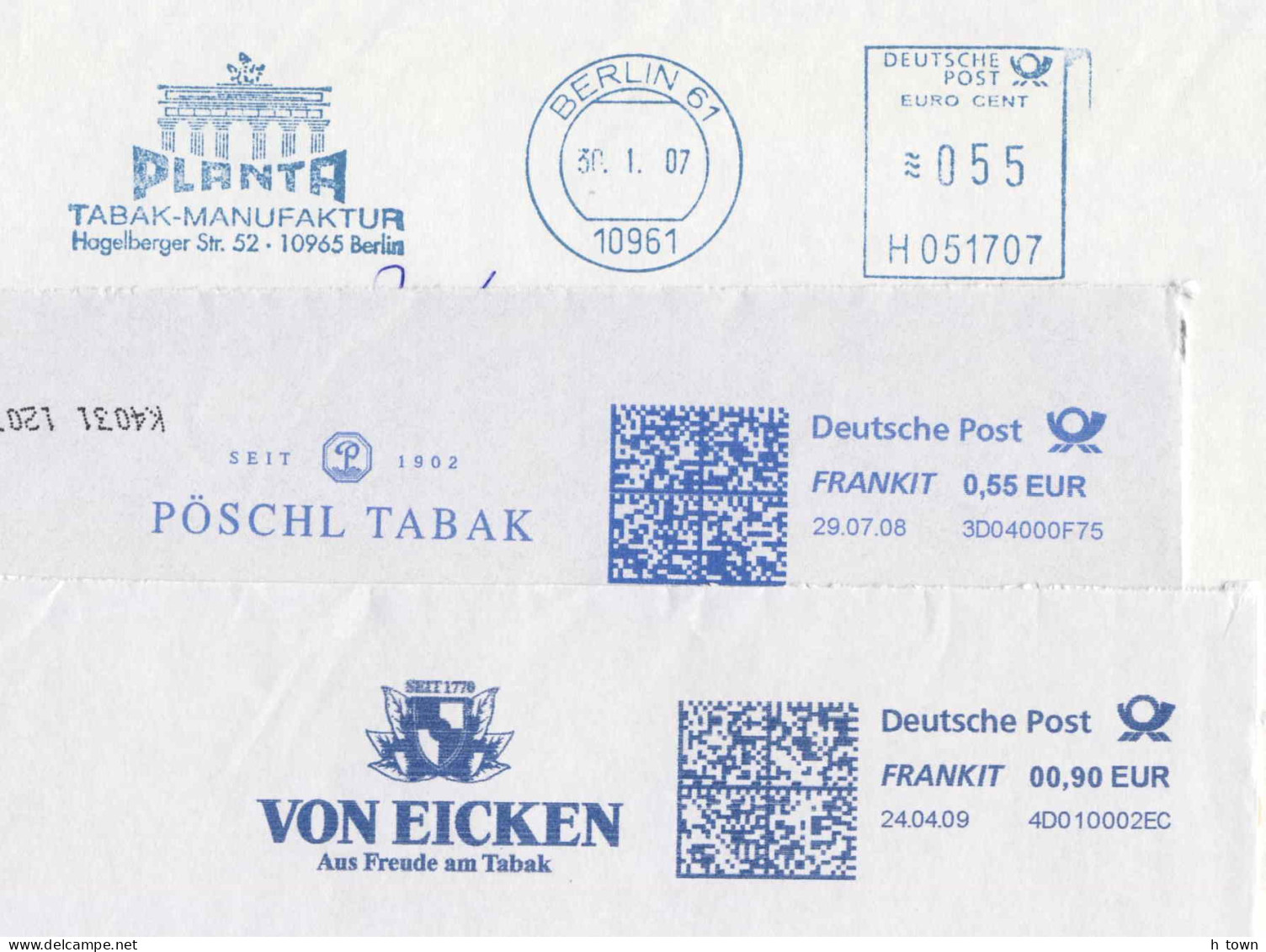 421  Tabac: 3 Ema D'Allemagne -  3 Diff. Tobacco Meter Stamps From Germany. Von Eicken Lübeck Pöschl Planta Berlin - Drogue