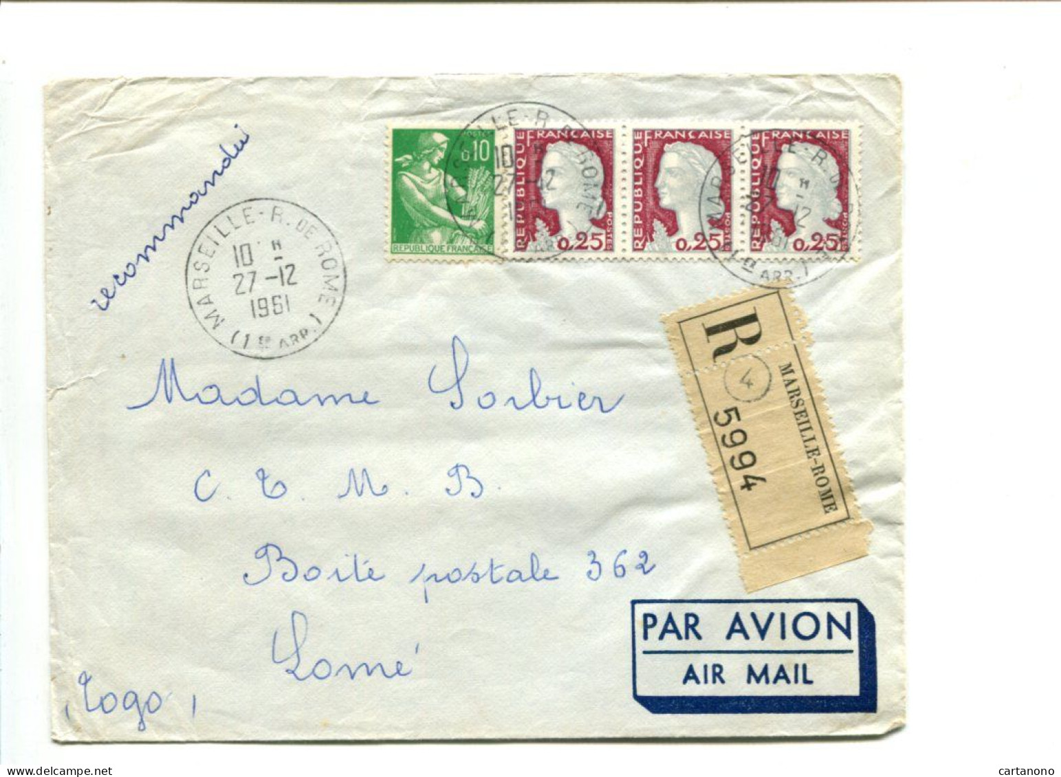 FRANCE  Marianne Decaris 3 X 0.25 + 0.10 Moissonneuse Sur Lettre Recommandée Pour Le Togo - 1960 Marianna Di Decaris