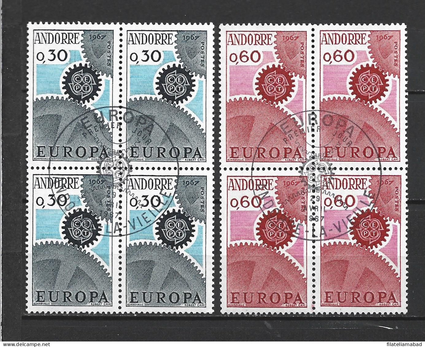 ANDORRA CORREO FRANCES  2 BLOQUES DE 4 SELLOS TEMA EUROPA 1967 CON MATASELLOS DE PRIMER DIA (C.H.) - Blokken & Velletjes