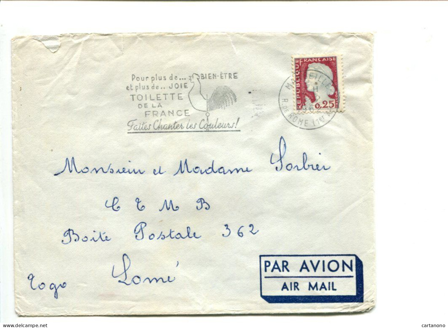 FRANCE 0.25 Marianne Decaris Seul Sur Lettre Par Avion à Destination Du Togo - 1960 Marianne Van Decaris