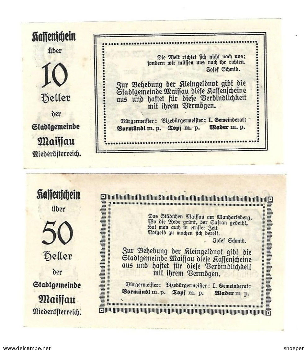 *notgeld   Austria Maissau 10+50 Heller  573/1g  Cat Val 2 ,00 Euro - Autriche