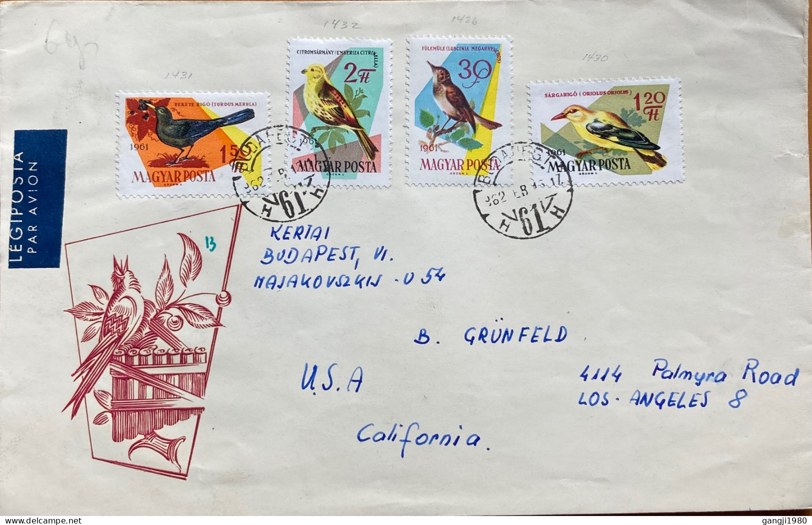 HUNGARY 1968, COVER ILLUSTRATE, AIRMAIL USED TO USA, 4 DIFFERENT BIRD STAMP, BUDAPEST CITY CANCEL. - Covers & Documents
