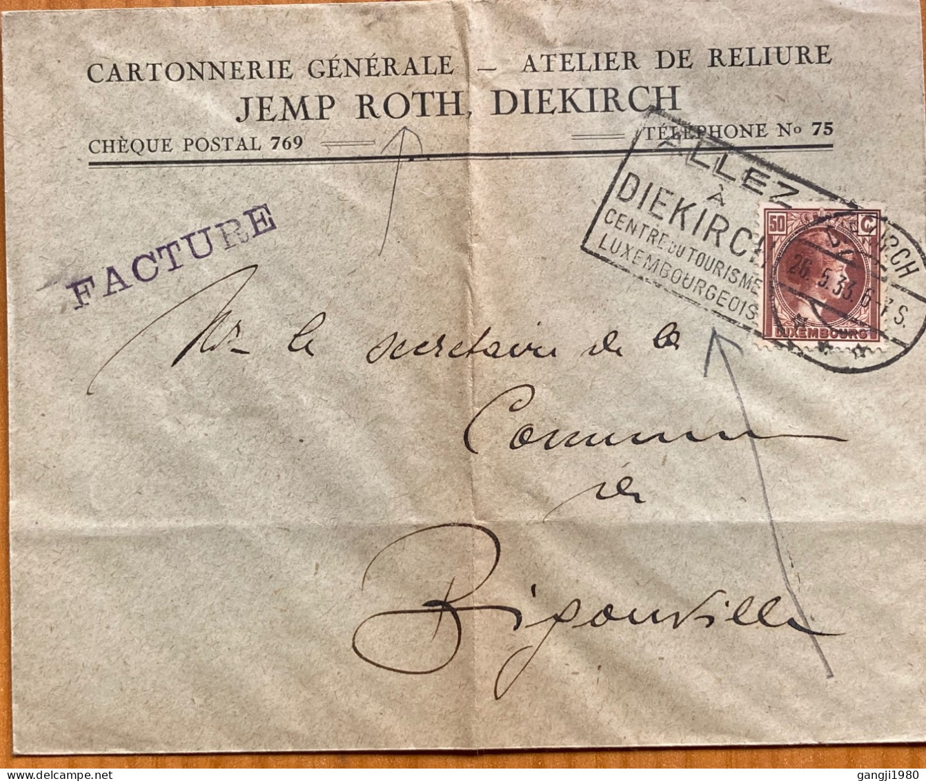 LUXEMBURG 1933, COVER USED, JEMP ROTH FIRM,  MACHINE SLOGAN, CHARLOTTE STAMP, DIEKIRCH & PERLE SMALL TOWN  CANCEL, - 1926-39 Charlotte De Perfíl Derecho