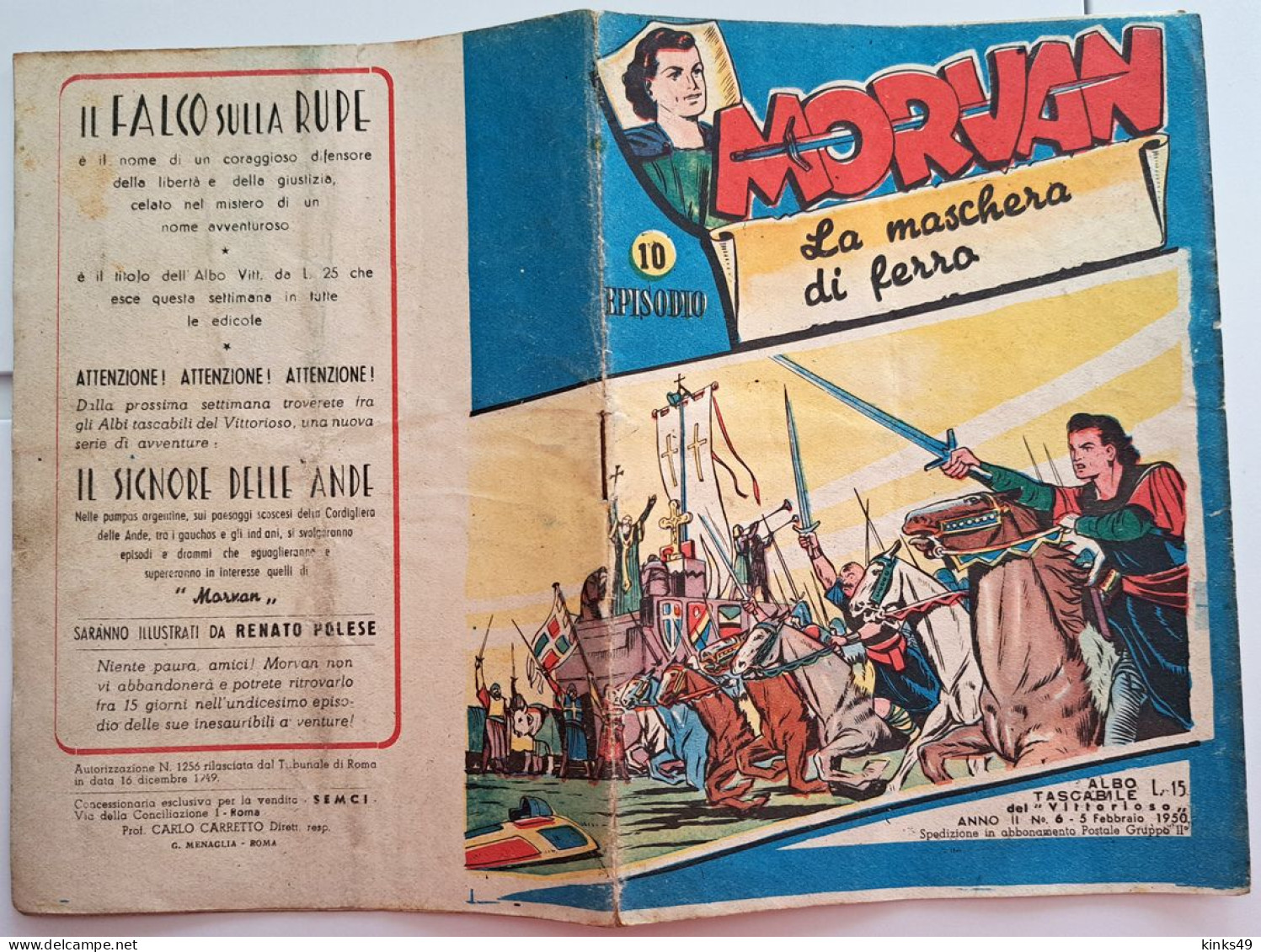 M450> MORVAN N° 10 Anno:1950 - Supplemento A IL VITTORIOSO - 10° Episodio - First Editions