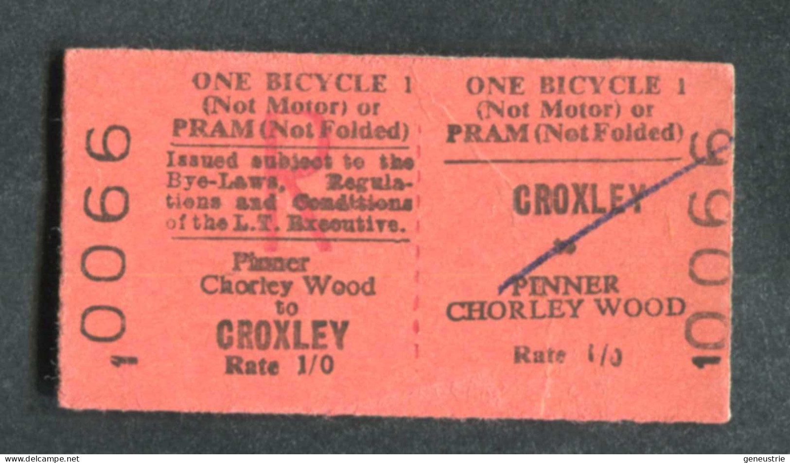 Ticket De Métro Pour Vélo Royaume-Uni 1960 "Croxley - One Bicycle - London Transport" Edmondson Ticket - Europe