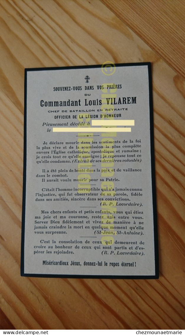 1928 AVIS DE DECES COMMANDANT VILAREM 78 RIT NE EN 1857 A BANYULS SUR MER 66 - Décès