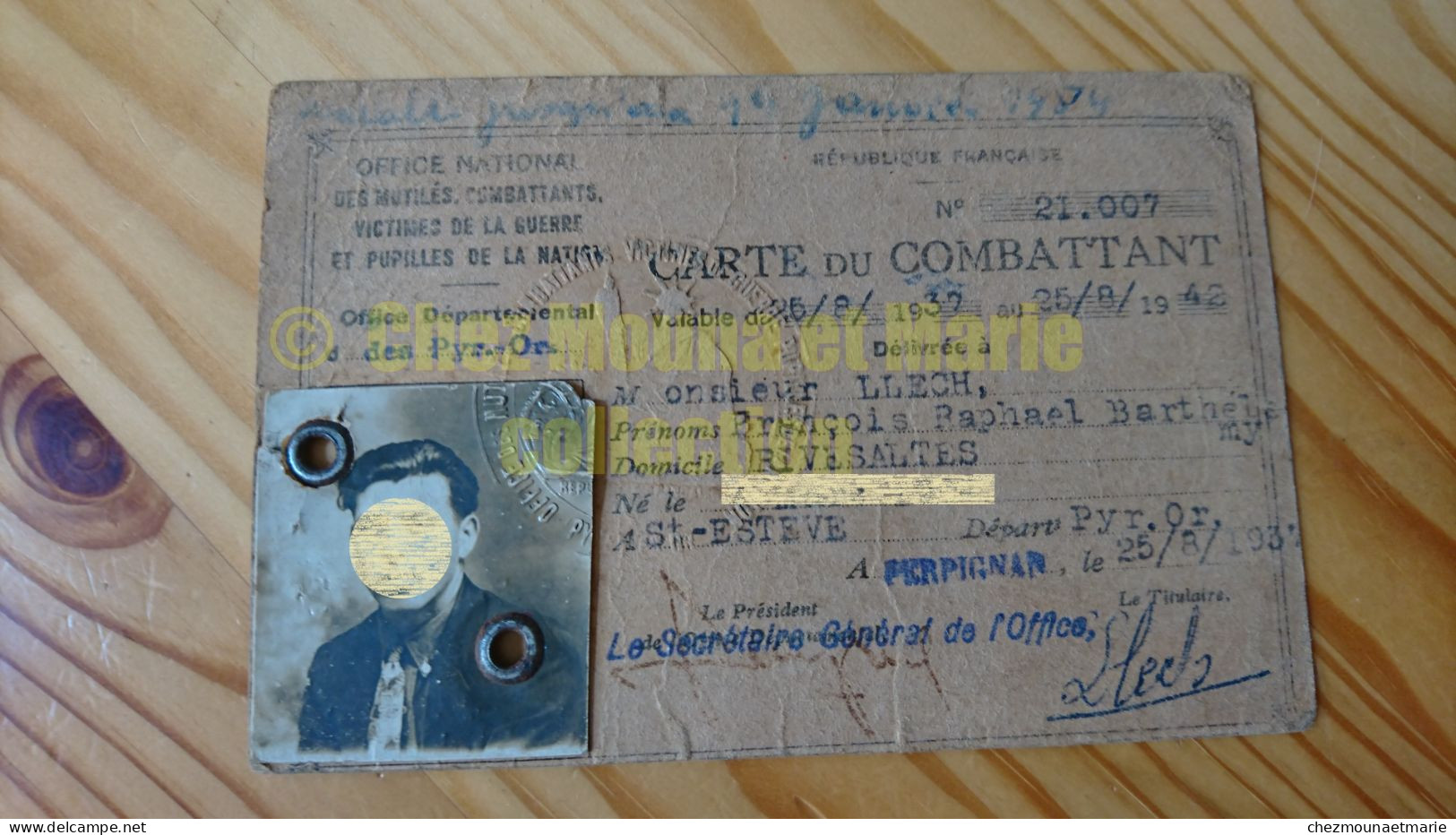 1937 CARTE DU COMBATTANT LLECH NE EN 1904 A SAINT ESTEVE DOMICILE RIVESALTES - Historical Documents