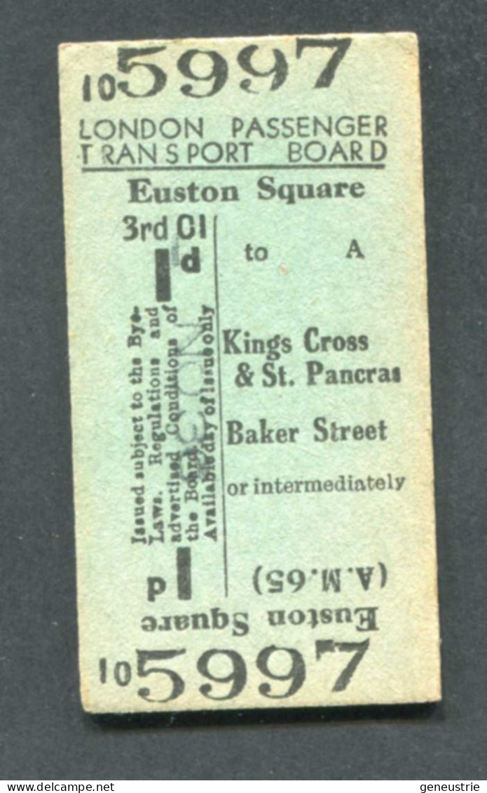 Ticket De Métro De Londres Royaume-Uni 1936 "Euston Square" Edmondson Ticket - Europa