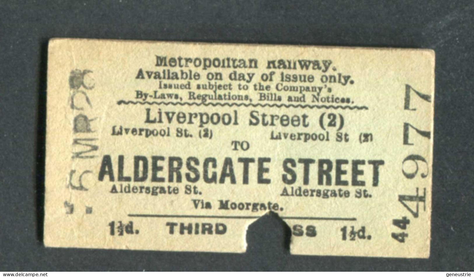 Ticket De Métro De Londres Royaume-Uni 1928 "Liverpool Street To Alderscate Street (Barbican)" Edmondson Ticket - Europa