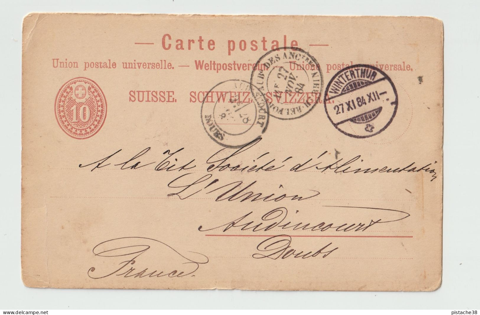 Entier Postal De 1884, Au Départ De SUISSE Pour AUDINCOUR (Doubs) - Voir Les 2 Scans - Sonstige & Ohne Zuordnung