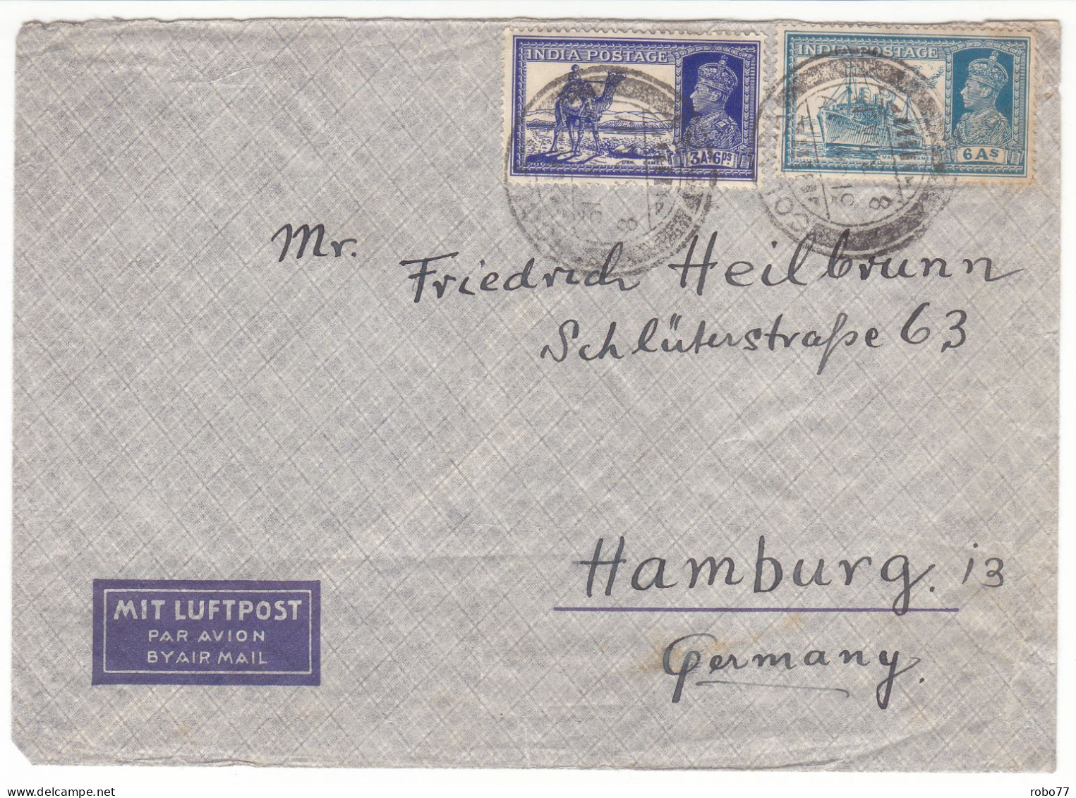 INDIA COLABA AIRMAIL Cover, Letter To Hamburg GERMANY (H02c050) - Corréo Aéreo