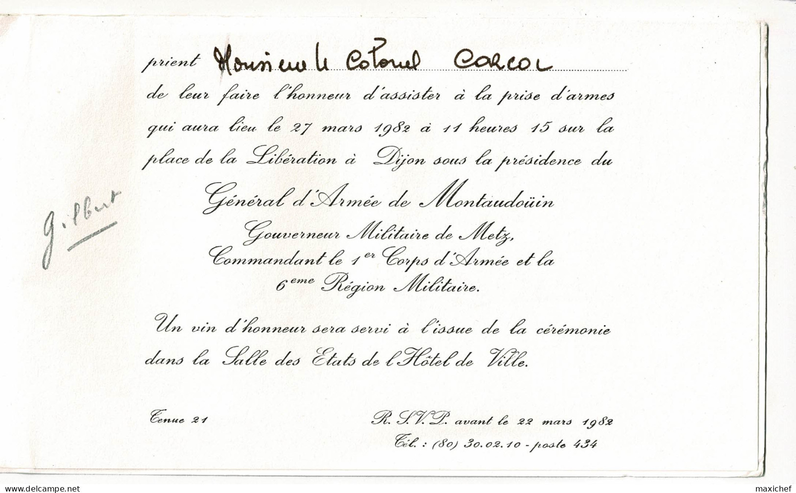 Carton Double 10.5 X 18 Cm Invitation Prise D'armes Dijon (21) 27 Mars 1982, Fête Du Train, 511 RT, 602 RCR, 516 RT - Documents