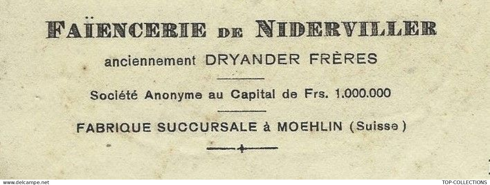FAIENCE 1929 ENTETE FAIENCERIE DE NIEDERVILLER NIDERVILLER Près Sarrebourg Lorraine Moselle Dryander Frères TARIFS V.HIS - 1900 – 1949