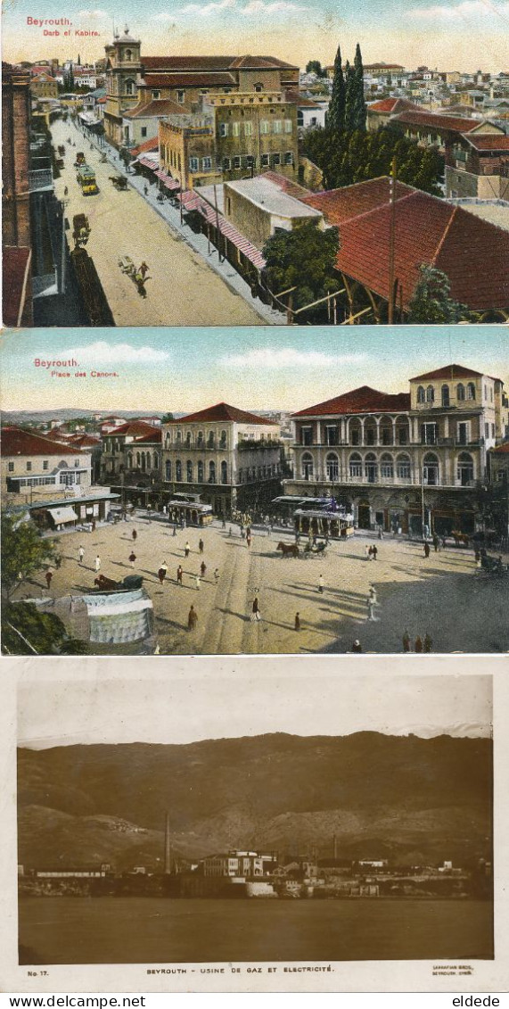 3 Cards Lebanon Beirut Place Canons Tram , Darb El Kabire ,  Usine Gaz Electricité Used 1922 Terzis - Liban