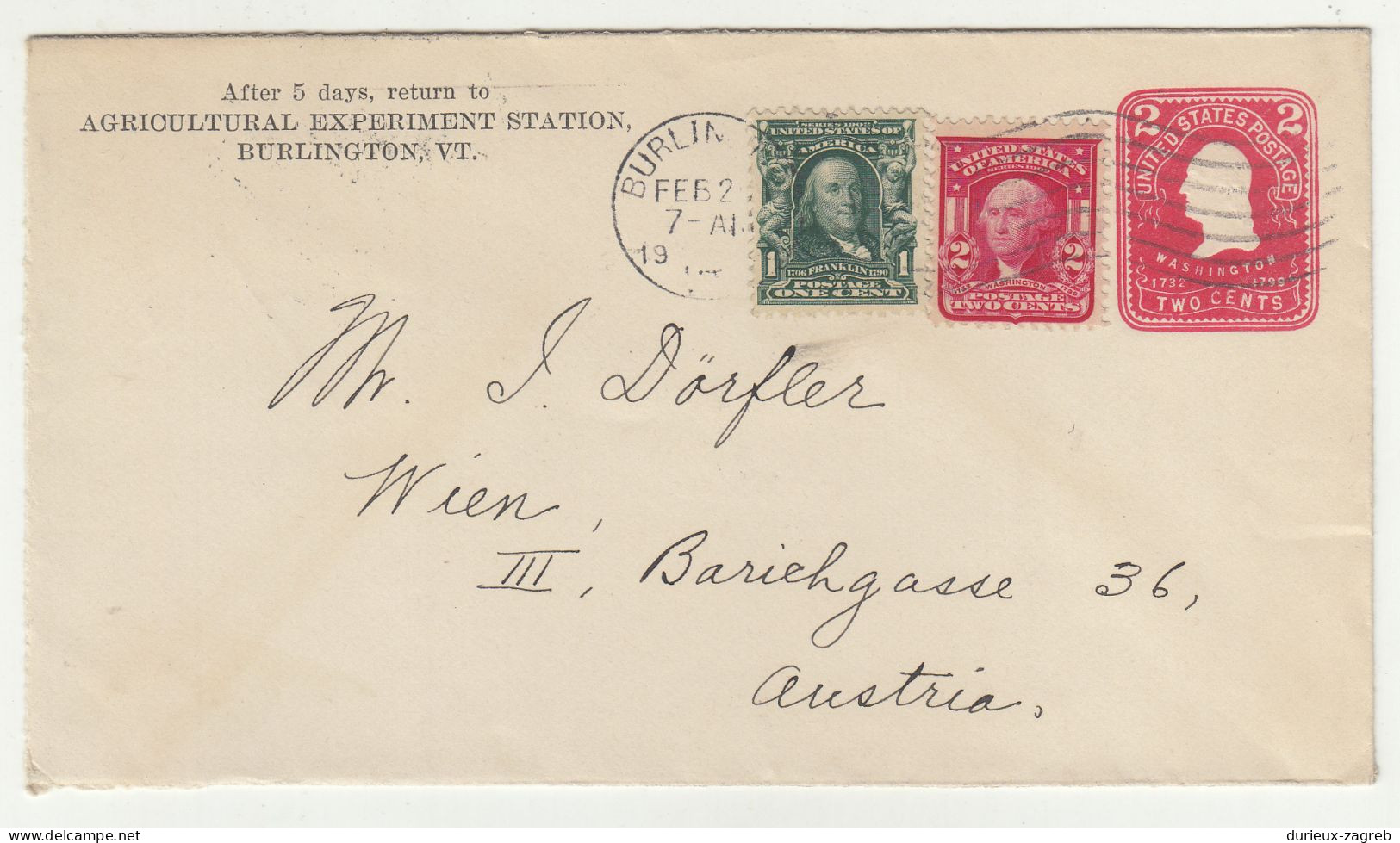 Agricultural Experimetn Station, Burlington, VT Preprinted Postal Stationery Letter Cover Posted 1908 To Austria B230510 - 1901-20