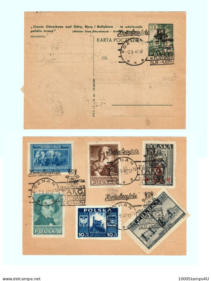 1947 Poland Polen Pologne: Postkarte Mit Sonderstempel Und 6 Briefmarken, Int. Messe Posen, Card S. Scan - Sonstige & Ohne Zuordnung