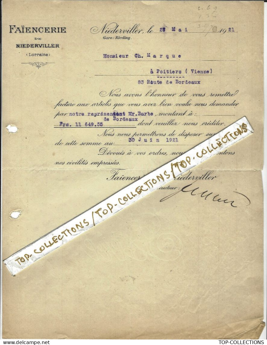 FAIENCE 1921 ENTETE FAIENCERIE DE NIEDERVILLER NIDERVILLER Près Sarrebourg Lorraine Moselle Dryander Frères V.HIST. - 1900 – 1949