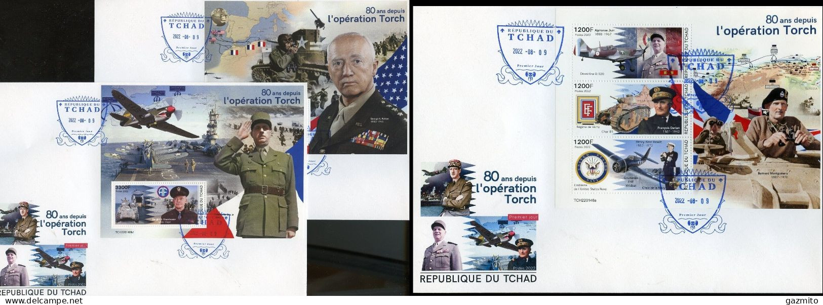 Tchad 2022, WWII, Operation Torch, Plane, Map, De Gaulle, 3val In BF+2BF In 3FDC - Tchad (1960-...)