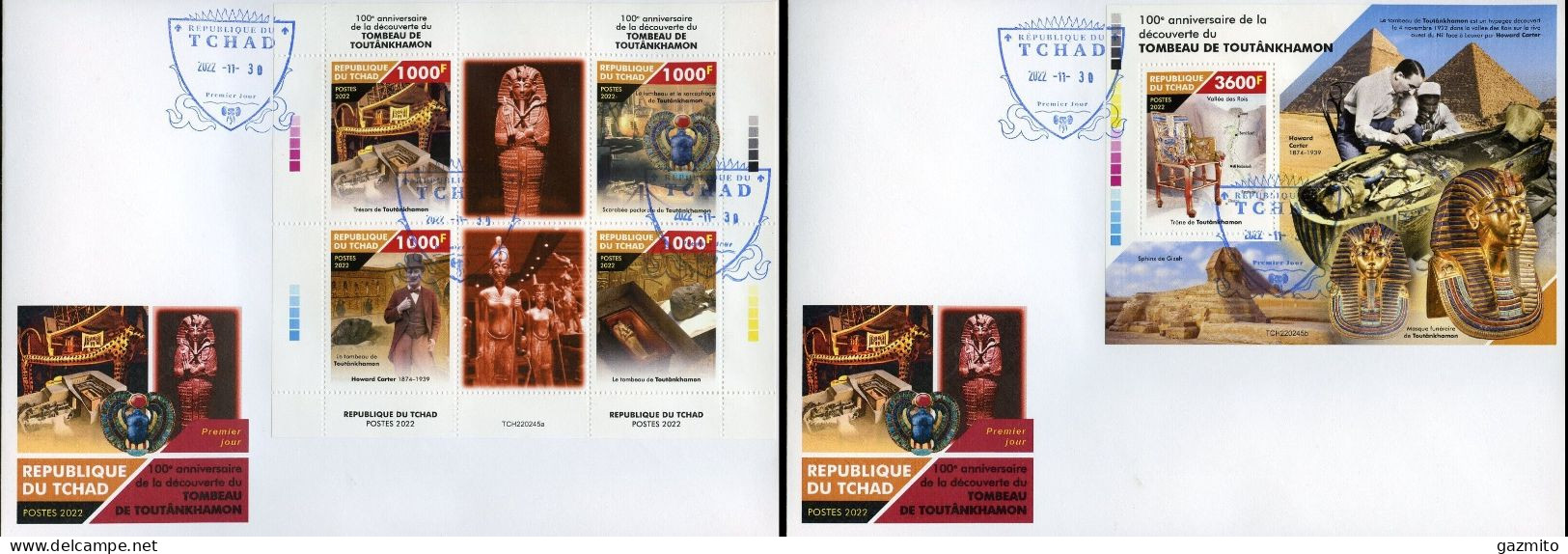 Tchad 2022, Tutankamun's Tomb, 4val In BF +BF In 2FDC - Tchad (1960-...)