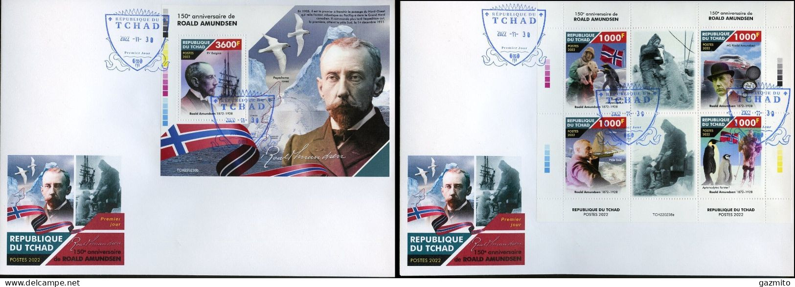 Tchad 2022, Amundsen, 4val In BF +BF In 2FDC - Explorateurs & Célébrités Polaires