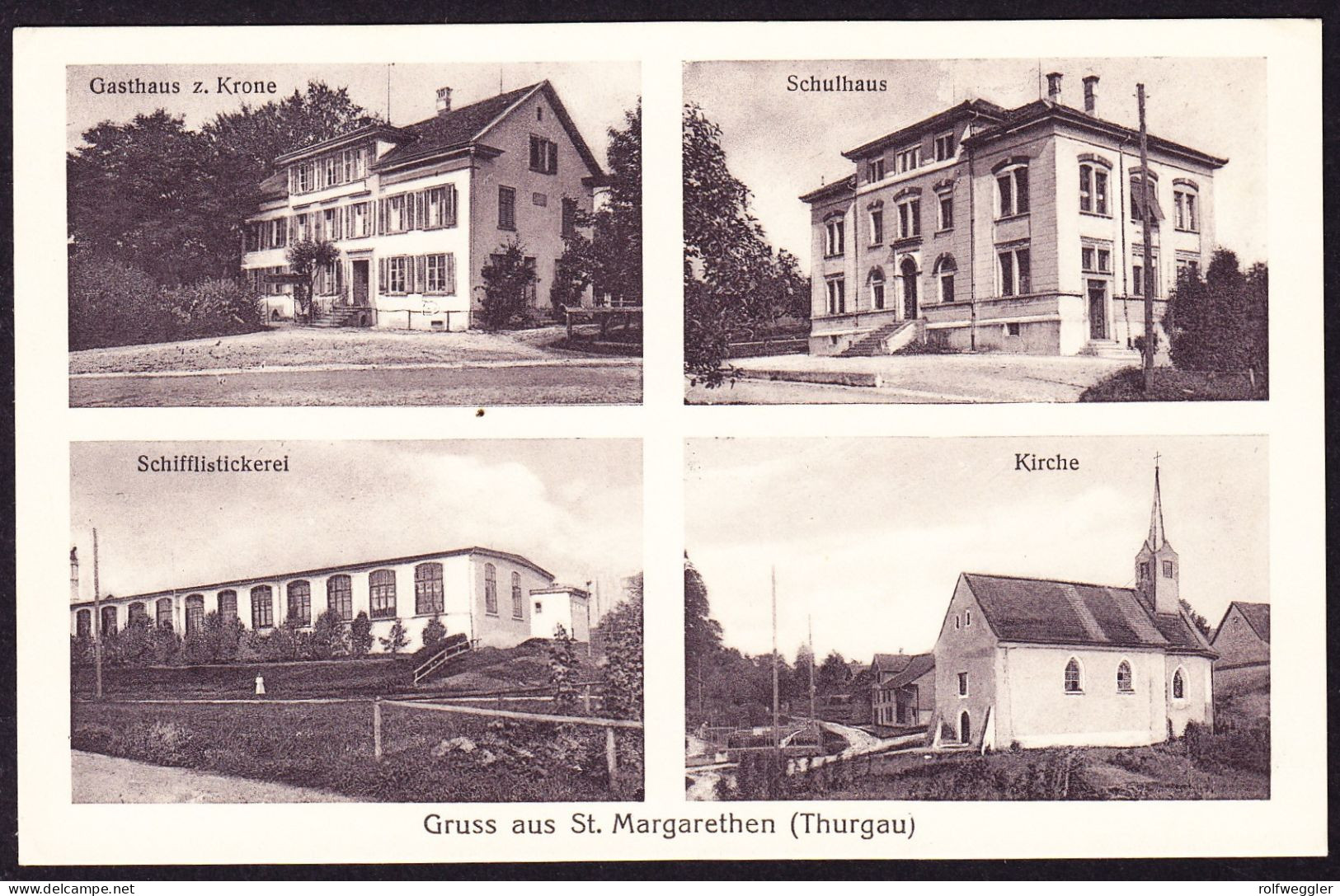 1929 Gelaufene AK Aus St. Margarethen, 4 Bildrig. Gasthaus Zur Krone, Schulhaus, Schifflistickerei Und Kirche. - Sonstige & Ohne Zuordnung