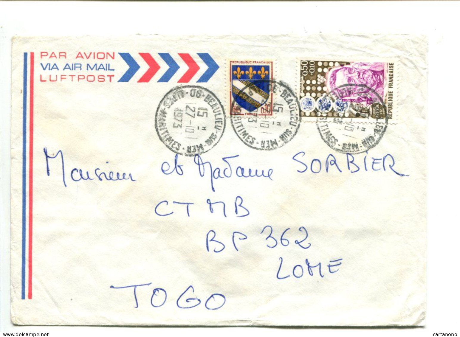 FRANCE Affranchissement Sur Lettre Par Avion Pour Le Togo - 0.10 + 0.50 Louis Pasteur - Cartas & Documentos