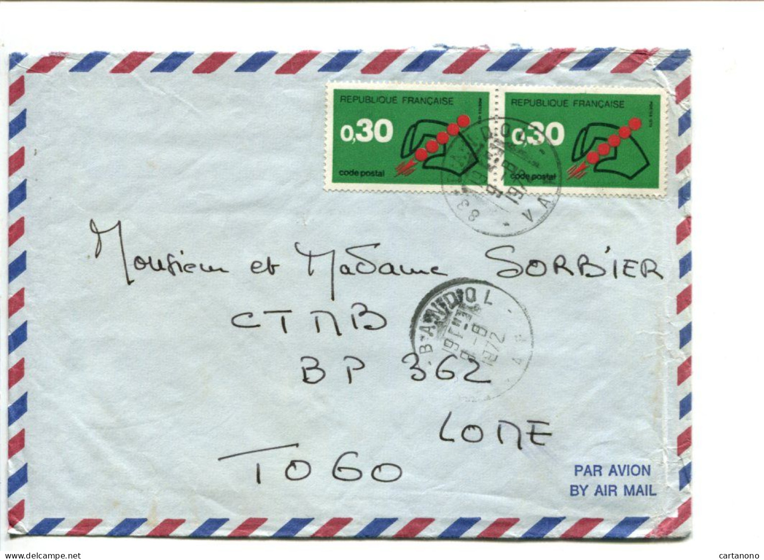 FRANCE Affranchissement Sur Lettre Par Avion Pour Le Togo - 2 X 0.30 Code Postal - Cartas & Documentos