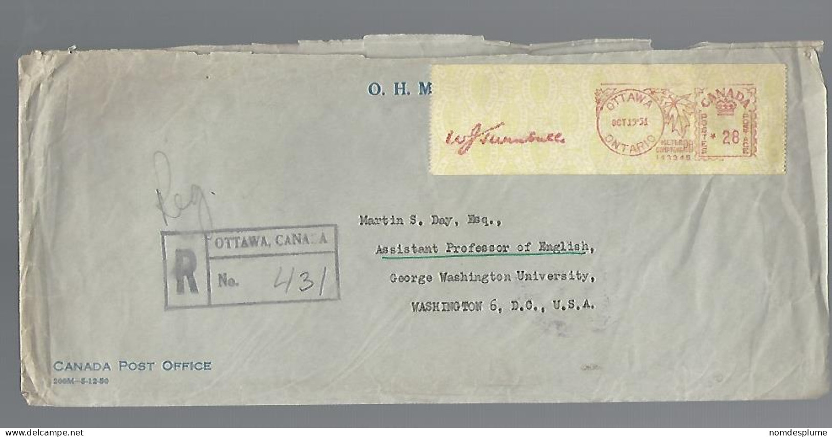58059) Canada Registered Official O.H.M.S. Ottawa Postmark Cancel 1951 To USA - Recommandés