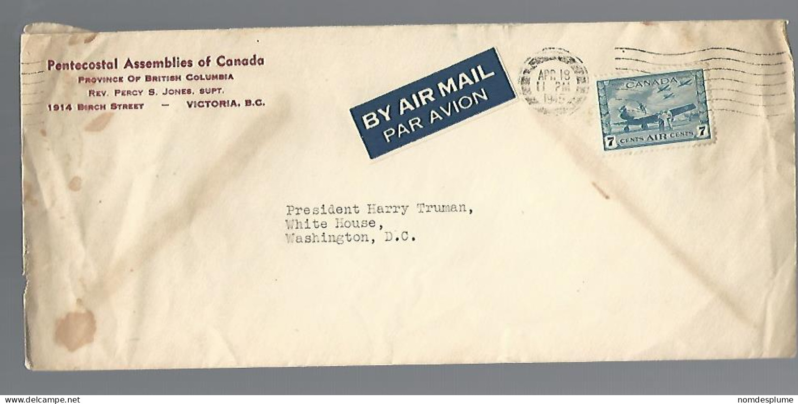 58060) Canada Airmail Ottawa Postmark Cancel 1951 To Pres Harry Truman, USA - Luftpost