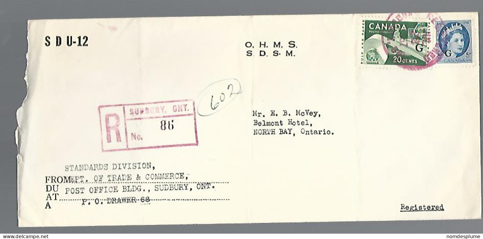 58064) Canada Registered O.H.M.S. Sudbury Postmark Cancel 1957  - Recommandés