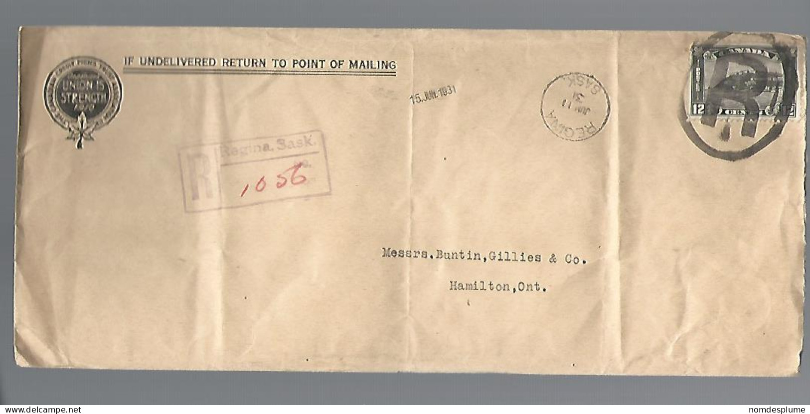 58067) Canada Registered Regina Postmark Cancel 1931  - Raccomandate