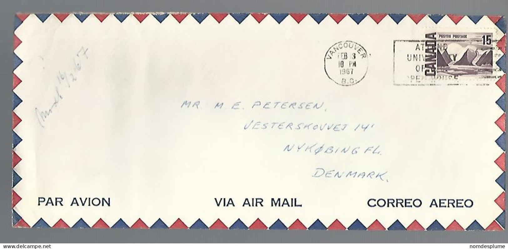 58068) Canada Air Mail Vancouver Postmark Cancel 1967 Slogan To Denmark - Poste Aérienne