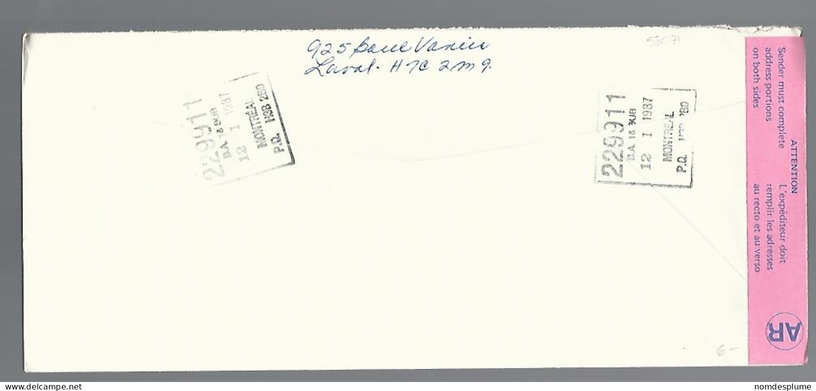 58071) Canada  AR  Registered Montreal Postmark Cancel 1987  - Einschreibemarken