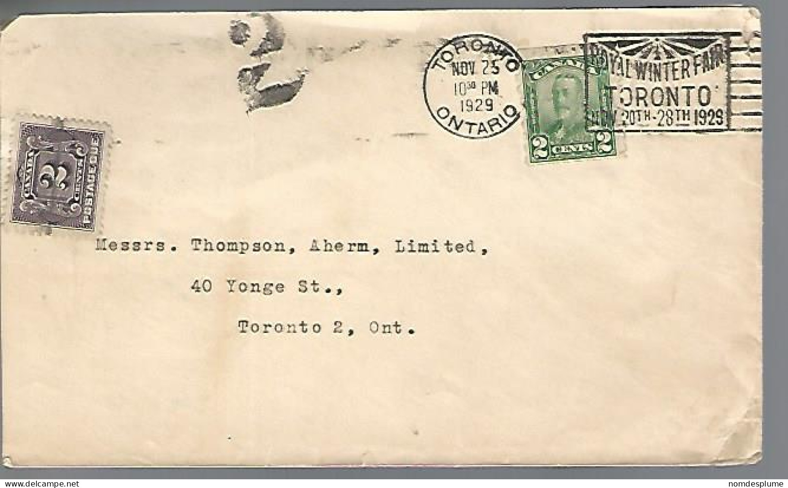 58083) Canada Postage Due Toronto Postmark Cancel Slogan 1929 - Impuestos