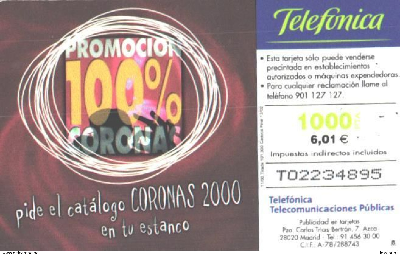 Spain:Used Phonecard, Telefonica, 1000 Pta, Catalogo 2000, Coronas, 2000 - Other & Unclassified