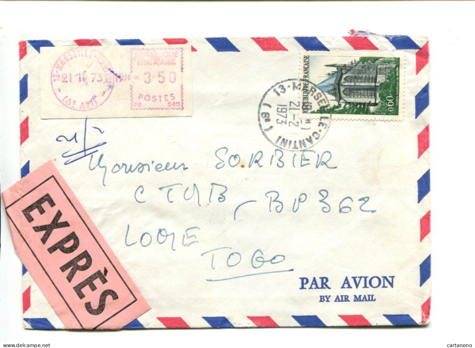 FRANCE Affranchissement Sur Lettre Exprès Pour Le Togo - 0.60 Riom + étiquette De Guichet 3.50 - Cartas & Documentos