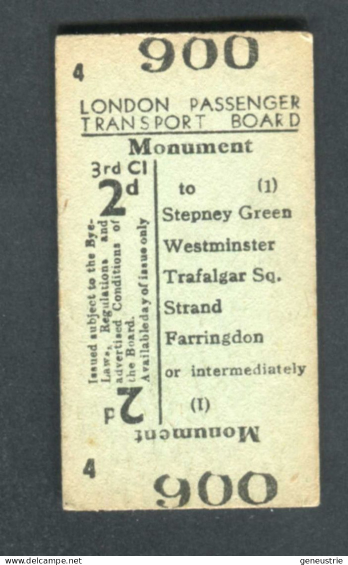 Ticket De Métro Londres Royaume-Uni 1933 "Monument - London Passenger Transport Board" Edmondson Ticket - Europe