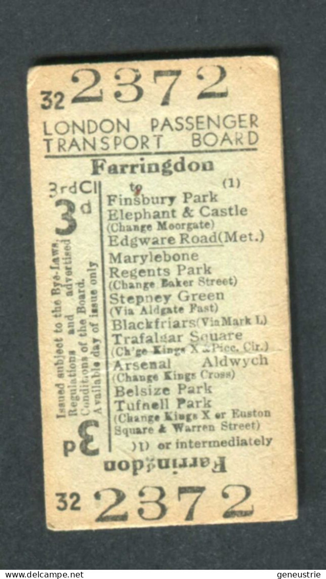 Ticket De Métro Londres Royaume-Uni 1936 "Farrington - London Passenger Transport Board" Edmondson Ticket - Europa