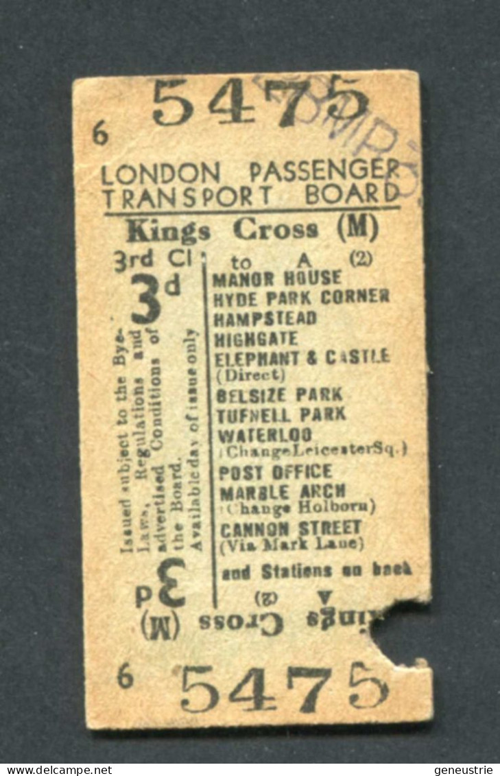 Ticket De Métro Londres Royaume-Uni 1930 "King's Cross - London Passenger Transport Board" Edmondson Ticket - Europe